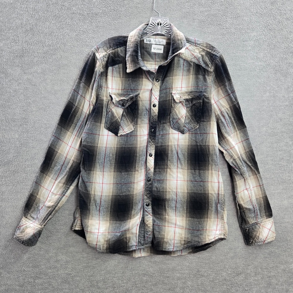 BKE Men Button Up Shirt Medium Gray Plaid Flannel Western Pearl Snap READ
